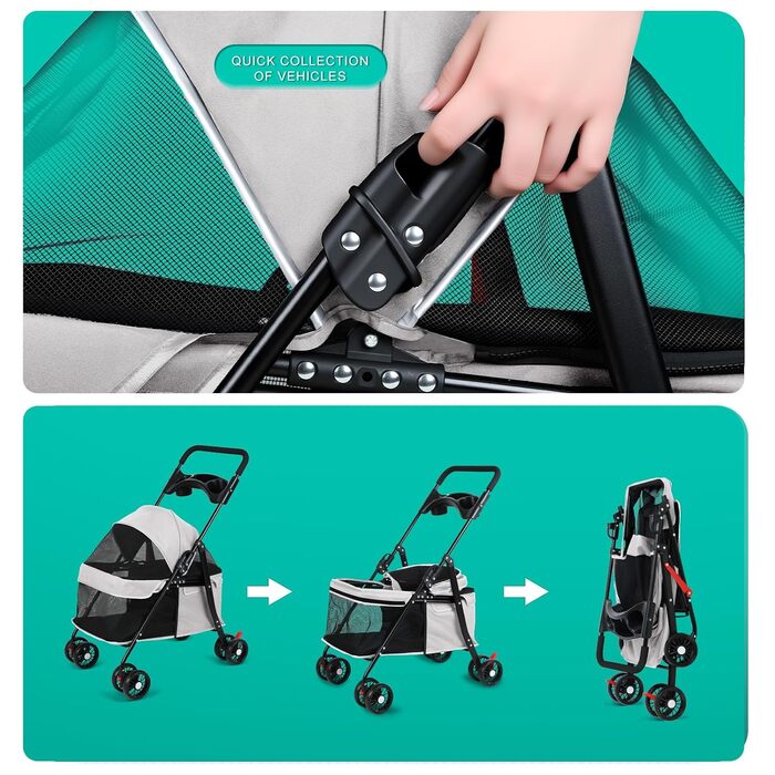 Візок для собак 2в1 до 15 кг, будівельник для собак з тримачами для напоїв, переноска для собак, складаний, з гальмом, візок для собак, 48 см * 68 см * 95 см (Сірий)
