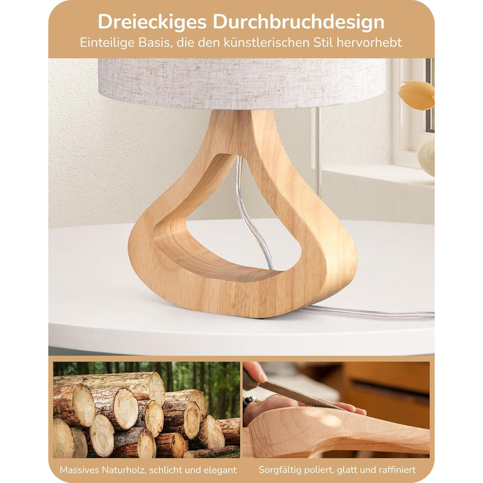 Дерев'яна приліжкова лампа EDISHINE з абажуром з льону, E27, для вітальні, спальні, в стилі кантрі [Енергоклас F]