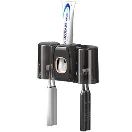 Настінний тримач для зубних щіток з автоматичним дозатором пасти, електричний для 4 щіток, 2 стаканчики, без свердління (чорний)