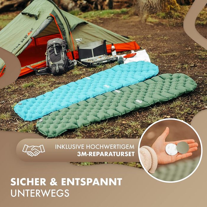 Килимок туристичний надувний NaturBummler® Ultraleicht [Cloud Nap+] (195x56 см) – для кемпінгу, трекінгу, фестивалів, подорожей – вологостійкий, складаний, зелений/блакитний