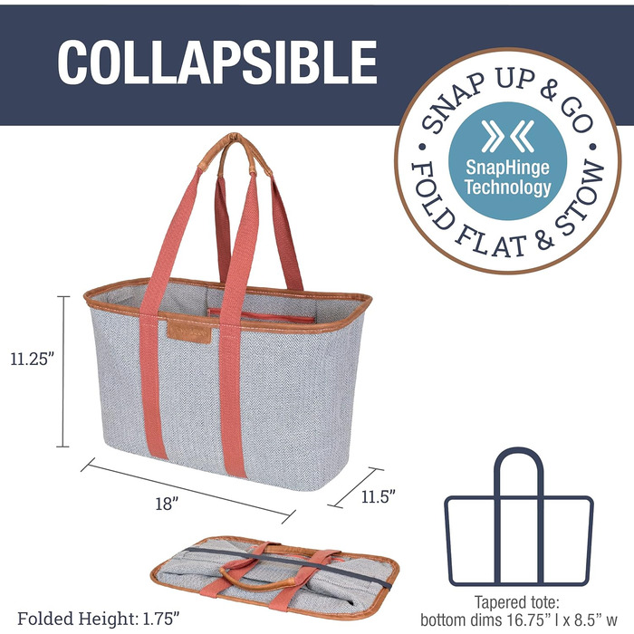 CleverMade Foldable Luxury Tote Bag, Pink Herringbone Pattern, 30L, Structured Tote with Handles and Reinforced Bottom, Reusable Shopping Bag, Grocery Bag