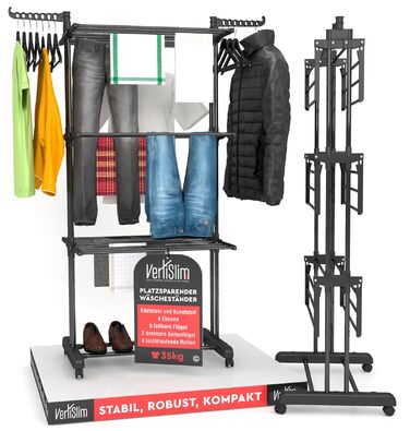 Сушарка для білизни VertiSlim складана, вежа з 4 рівнями, нержавіюча сталь, на колесах, чорна - для дому та вулиці