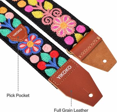 Гітарний ремінь 5,1 см з бавовни з шкіряними кінцями для бас-гітари, електрогітари та акустичної гітари (Кольорова квітка 02)