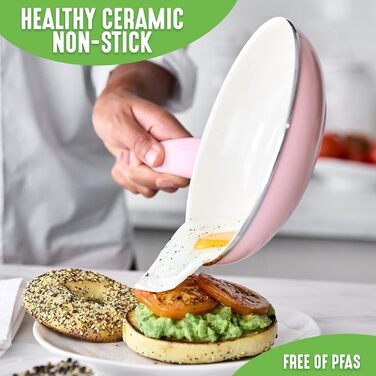 Набір сковорідок GreenLife Soft Grip з керамічним антипригарним покриттям, 18 см та 26 см, PFAS-free, для посудомийної машини та духовки, блакитний (16-частинний набір посуду, рожевий)