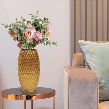 Декоративна ваза для квітів, блакитно-золота, з діамантовим візерунком, широкою основою та вузьким горлом. Ідеально для декору вітальні, їдальні, коридору, спальні. Чудовий подарунок на новосілля