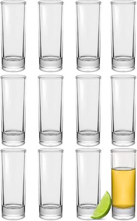 12 Shot Glasses, Tall, Made of Glass, 5cl - Dishwasher Safe - Stable thanks to thick base - Shot glasses for every party