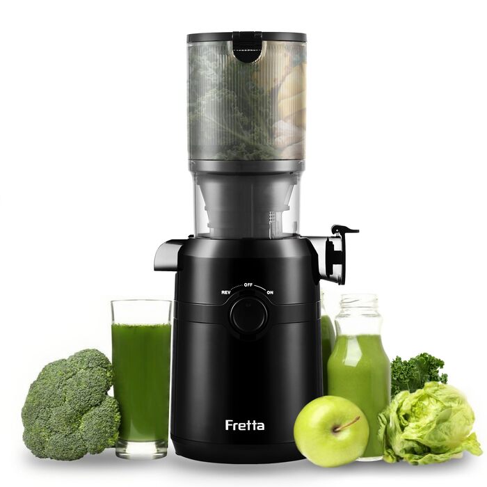 Шнекова соковижималка Fretta Slow Juicer з широким завантажувальним отвором для цілих овочів та фруктів, BPA-free Tritan, 1 л, чорна