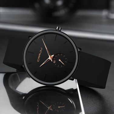 Годинник чоловічий CRRJU з силіконовим ремінцем, ультратонкий, водостійкий, мінімалістичний, спортивний, кварцовий (чорний рожевий, чорний)