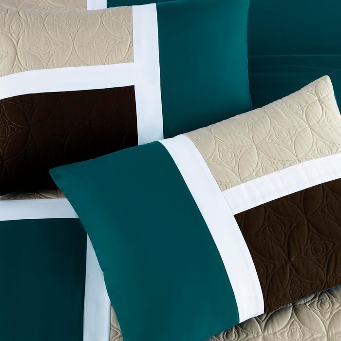 Комплект постільної білизни Chezmoi Collection Upland 7-piece, Patchwork Design, розмір King (Oversized), блакитно-зелений/бежевий/коричневий