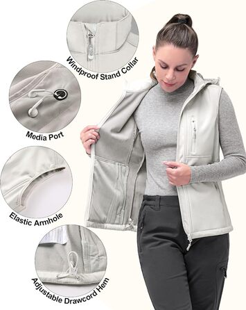Жіноча софтшеллова жилетка 33000ft з капюшоном, флісовою підкладкою та 5 кишенями для їзди на конях, бігу та піших прогулянок (4XL, Білий)
