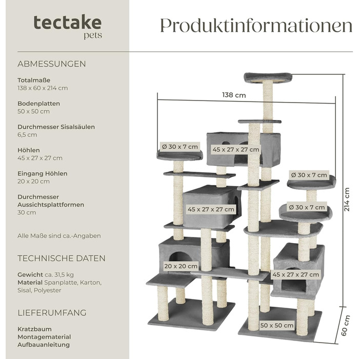 Дерево для котів tectake® велике, з аксесуарами, XXL, 4 будиночки для котів, ігровий комплекс з подряпальною колоною, з сизалю, сірий | 403920