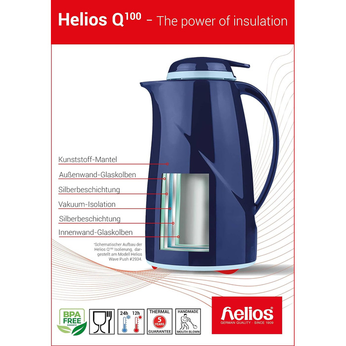 Термос-графин Helios Mondo Push із пластику, чорний, 1,3 л