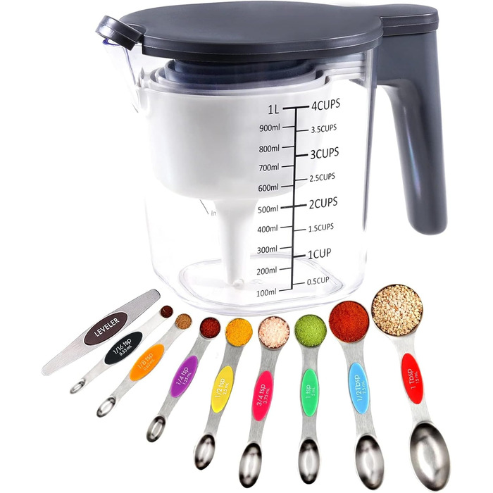 19-Piece Measuring Cup and Spoon Set, includes 10 stackable measuring cups with lids and 9 magnetic measuring spoons, BPA-free, dishwasher safe (multicolored)