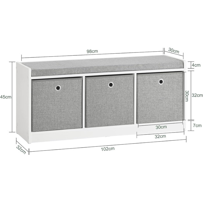 SoBuy FSR65-DG Storage Ottoman Bench, Shoe Bench with Seating Area, Shoe Chest with 3 Gray Baskets, White, WxDxH approx.: 102x45x32cm, 3 Baskets White