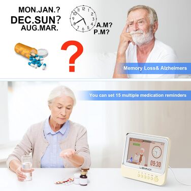Lemnoi 7-Inch Digital Calendar, Senior Clock with Date and Day of the Week, Wall Clock for Dementia Patients with Temperature, 15 Alarms & Medication Reminder (white)