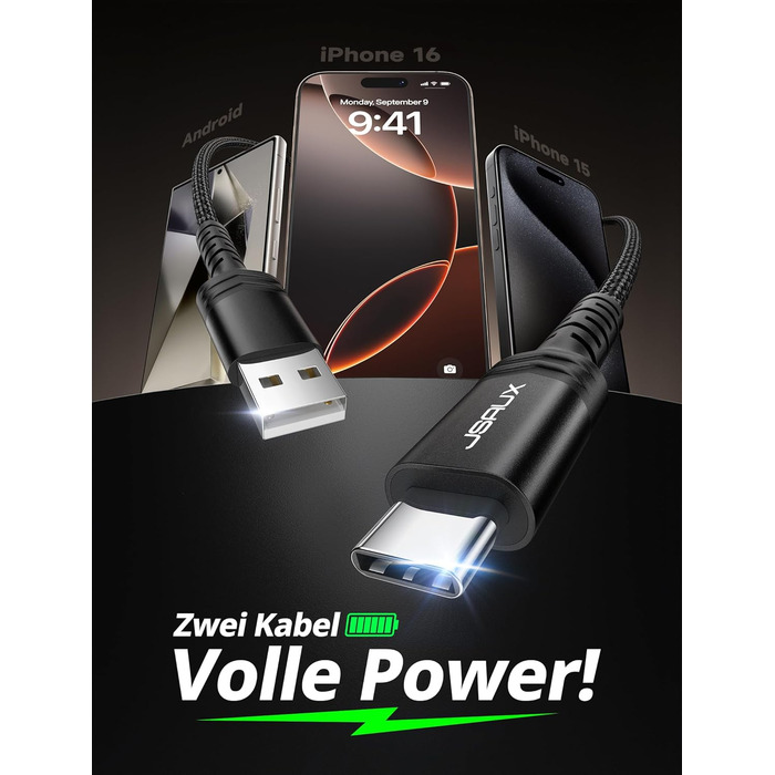 Кабель USB-C JSAUX 2 шт. (2м), 3.1A, нейлон, швидка зарядка, сумісний з Samsung Galaxy, iPhone, CarPlay, PS5