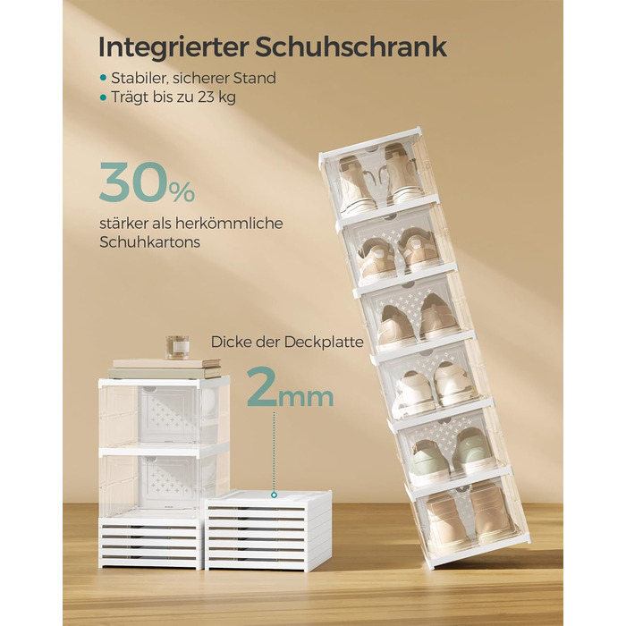 SONGMICS Shoe Cabinet 3-Piece Set, with 18 Shoe Boxes, Integrated Shoe Organizer, Foldable, Portable, for Shoe Sizes up to 46, 1-Minute Assembly, Transparent-Cloud White LSP207W01
