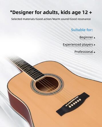 Акустична гітара Winzz 4/4 для початківців, 41 дюйм з чохлом, тюнером, ремінком, медіатором, запасним струною та підставкою (натуральний колір)