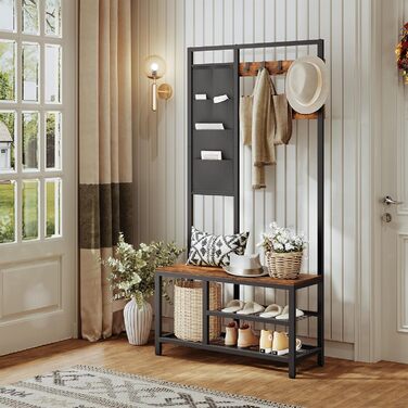 HOOBRO Coat Rack, Wardrobe, Clothes Rack with 6 Pockets and 9 Hooks, Shoe Shelf with Seating, Bench, Ample Storage Space, for Entryway, Living Room, Vintage Brown-Black EBF24MT01