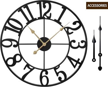 HAITANG Large Vintage Wall Clock, round, metal silent (no ticking), battery-powered, 40cm, 16 inch Roman numerals, clocks for living room, bedroom, kitchen wall clock decoration (Black Arabic numerals, 100 cm)