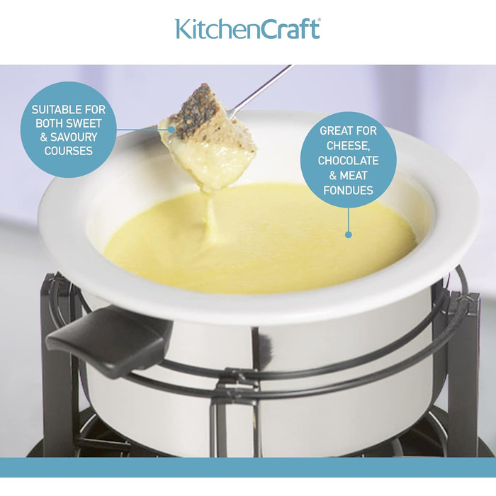 Набір для фондю KitchenCraft 3-в-1 з кольоровими виделками, для шоколадного, м’ясного та сирного фондю, сріблястий