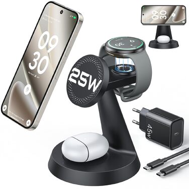 Бездротова зарядна станція 3 в 1 Meifigno 25W для Google Pixel Watch 3/2, 5, 4, чорна