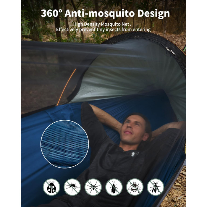 Гамак для кемпінгу 4-в-1 з москітною сіткою та знімним сонцезахистом, 290x140 см, для відпочинку на природі, пікніків, походів та подорожей, армійного кольору (106x55 см, блакитний)