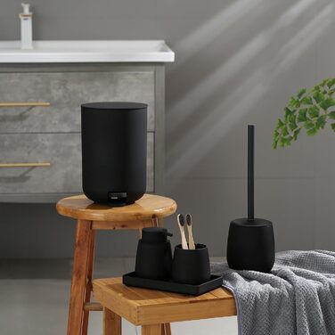 GAHEFY Bathroom Accessory Set, Bathroom Supplies Sets Decor, 5-Piece Bathroom Set - Soap Dispenser, Toothbrush Holder, Vanity Tray, Toilet Brush and Waste Bin Set for Bathroom (Black)