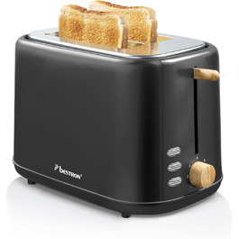 Тостер Bestron Satin Collection: 2 камери, 7 рівнів підсмажування, крихтозбірник, підставка для тостів, 1000 Вт, чорний/дерево