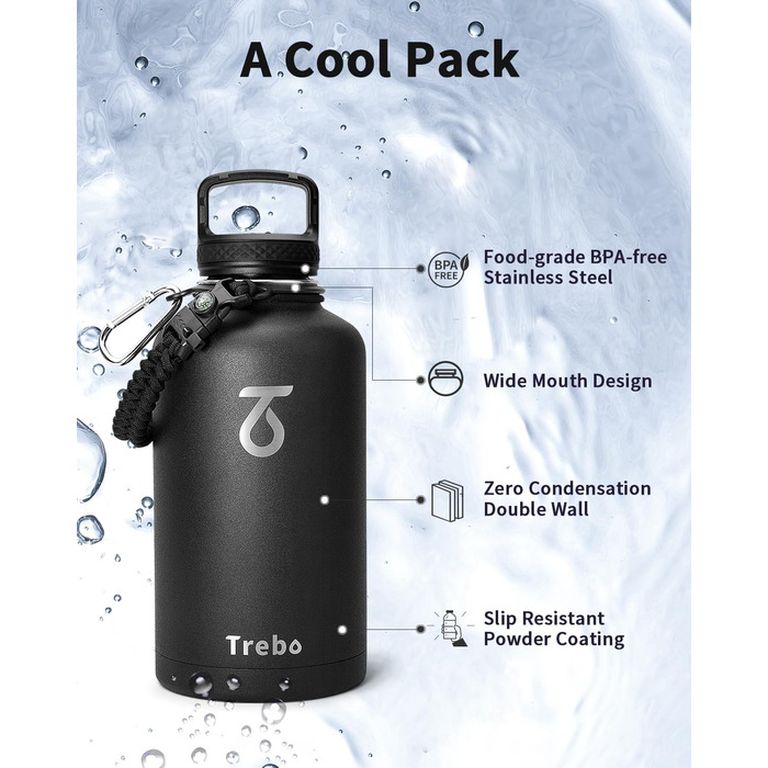 Trebo Thermos Flask with Straw 2L, Stainless Steel Water Bottle with Paracord Handle & 3 Lids, Stainless Steel Wide Mouth Drinking Bottle Large Sports Bottle Keeps Drinks Cold for 48 Hours, Black