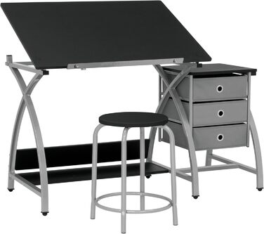 SD Studio Designs Comet Center Plus Craft Table & Stool Set with Storage - Adjustable Top - Silver/Black