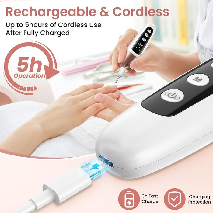 Електричний фрезер для манікюру та педикюру з 6 насадками, 10 швидкостей, LED-підсвічуванням, акумуляторний, для догляду за нігтями