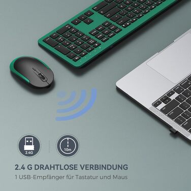 Бездротовий комплект клавіатури та миші Seenda SK38-3 Ultra-Dünne, Ergonomічна клавіатура з захистом від пилу, DE QWERTZ, чорний/зелений