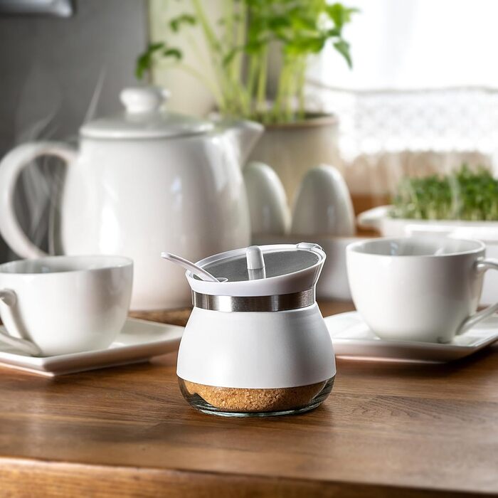 Цукорниця KADAX з ложкою, 270мл, контейнер для цукру з порошковим покриттям, 9x9см, цукрониця в 2 кольорах, дозатор для спецій з кришкою для чаю, цукру (білий)