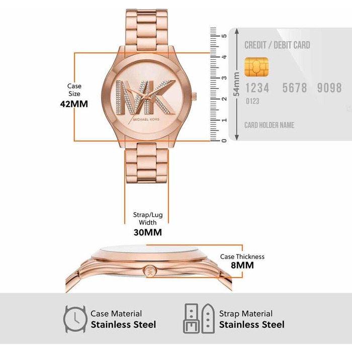 Жіночий годинник Michael Kors Slim Runway 42мм, кварцовий механізм, сталевий браслет, колір рожеве золото