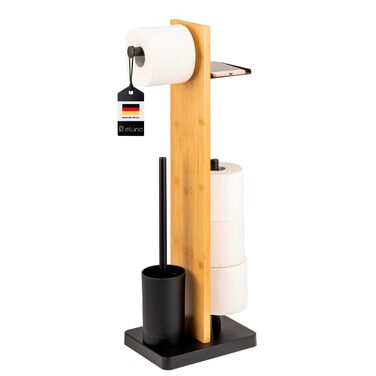 Набір для туалету Eluno Stand-WC 4в1: щітка, тримач туалетного паперу, полиця, бамбук/метал (чорний)