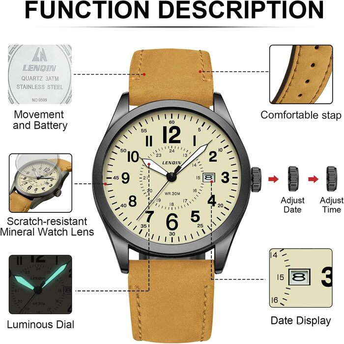 Годинник чоловічий LN LENQIN Military 30M водостійкий кварцовий годинник з датою на текстильному ремінці (світло-коричневий)