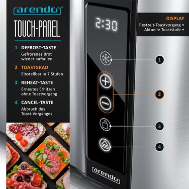 Arendo - Stainless Steel 4-Slice Long Slot Toaster - Touchscreen – Double-Walled Housing – 1500 W – Integrated Bagel Attachment – 7 Browning Levels – Bread Centering – Remaining Time Display – Memory Function C: Steelsilver