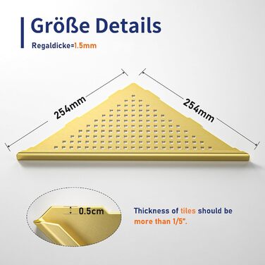 Полиця для душу Eck Duschregal з нержавіючої сталі 304, полиця для ванної кімнати з сітчастою конструкцією для плитки, вбудована полиця для ремонту ванної кімнати (щітка, 254 мм - 2 шт) (254 мм-2, золотий)