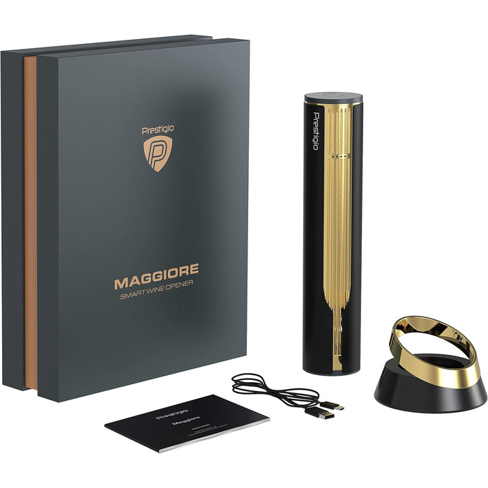 Prestigio Maggiore Electric Corkscrew - Premium Wine Bottle Opener with Charging Station - Integrated Foil Cutter - Packaged in a High-Quality Gift Box - Black/Gold