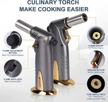 Бутанова запальничка з подвійним полум'ям преміум-класу для кухні, приготування їжі, BBQ з регульованою яскравістю та блокуванням