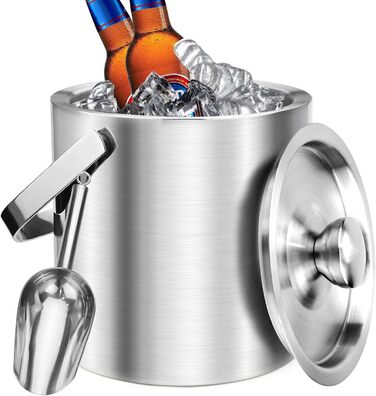 Ейскюбель 2L: Ізольований ейскюбель з кришкою та шуфлером з нержавіючої сталі. Ідеально для пива, шампанського, вина та напоїв.