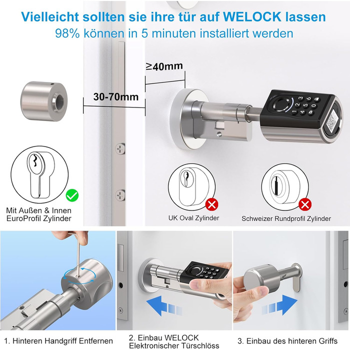 Електронний дверний замок WELOCK ToucA51 з відбитком пальця, кодом, RFID-карткою та мобільним додатком, для вхідних дверей, регульований циліндр 30-70 мм