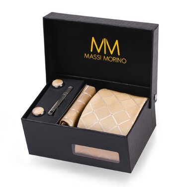 Набір краваток Massi Morino для чоловіків з нагрудним хустиною, краватковою голкою та затискачами для краваток, подарункова коробка - ідеальний вибір для весілля, універсальний розмір (Champagne Square)