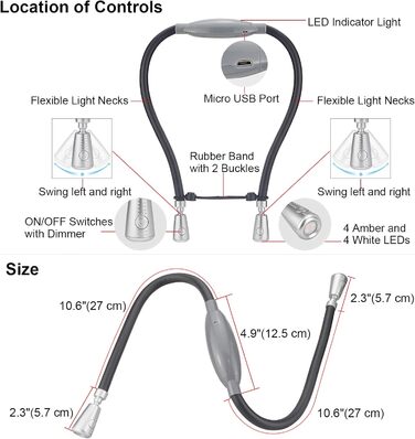 Ліхтар LED для читання BIGLIGHT на шиї, гнучкий, акумуляторний, з регульованою яскравістю, сріблястий