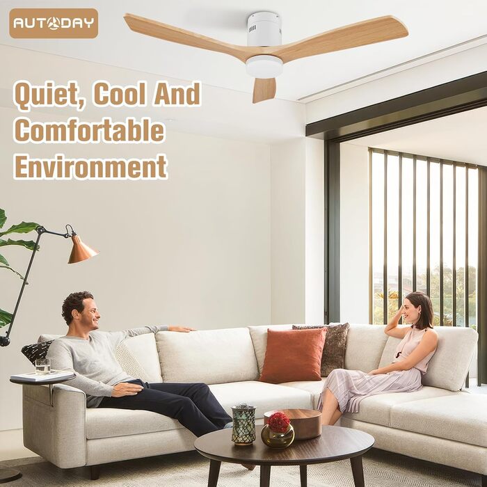 Стеляний вентилятор Holz з підсвічуванням, регулюванням яскравості LED 24W, тихий DC-двигун 38W, діаметр 132 см, з пультом дистанційного керування та таймером, 6 швидкостей, дерев'яний дизайн