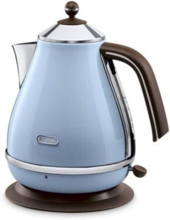 De'Longhi Icona Vintage KBOV2001.AZ Kettle - 1.7 l with water level indicator and 360° base, stainless steel with elegant retro look and chrome details, blue, 23x25x23, Azur Azur Single