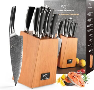NANFANG BROTHERS 18-Piece Damascus Kitchen Knife Set with Hammered Handles & Wooden Block - Premium Quality