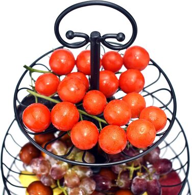 Металевий кошик для фруктів та овочів з ручкою для кухні/балкону, 3 яруси, великий, з нержавіючої сталі, з 360° циркуляцією повітря (чорний, 45 см висота, Ø30-24-16.5 см)