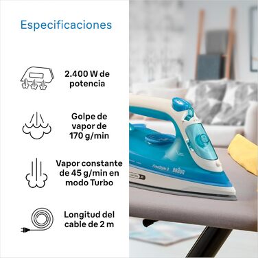 Праска з парою Braun FreeStyle 3 FI3144BL з технологією 3D-FreeGlide, підошвою SuperCeramic, системою Ultimate FastClean, автовимкненням, 270 мл, 2700 Вт, блакитна